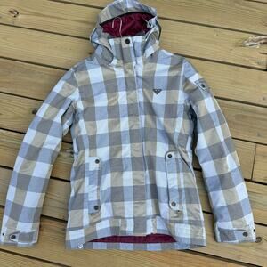Roxy Coat 8K Winter Snow Ski Board Checkered Plaid Large Gray Beige Outdoors